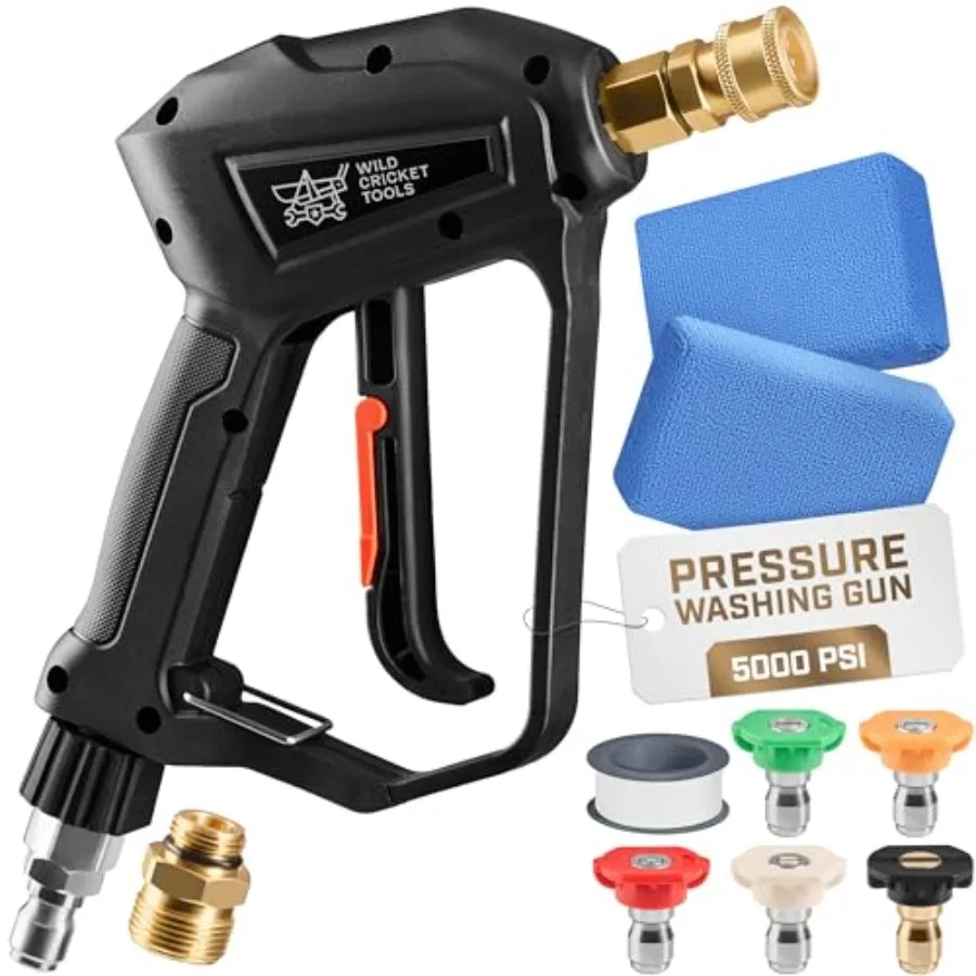 

Short Pressure Washer Gun for 5000 PSI systems, brass body with black finish, 360 swivel and lockable trigger for precise contr