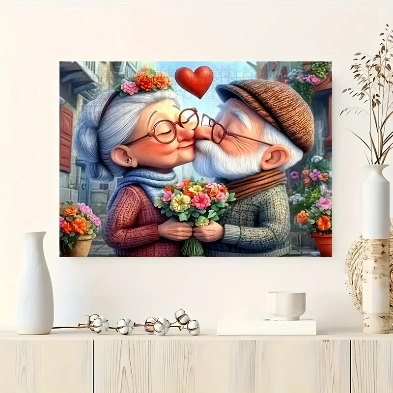 1000pcs Grandparents' Love Puzzle Game - Romantic Elderly Couple'S Kiss with Floral Background, DIY Fun & Family Interactive A