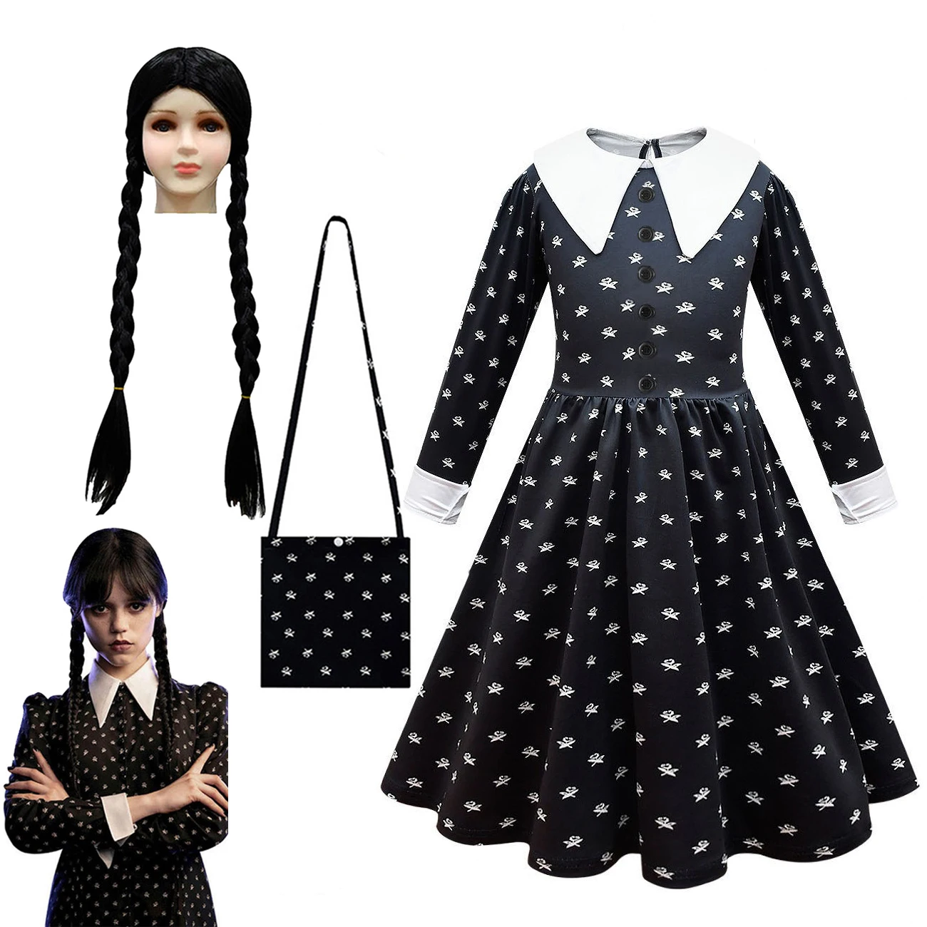 Addams-ropa para niñas, trajes de Cosplay, vestido de princesa, bolsa de peluca, conjuntos negros góticos, ropa de juego de rol para fiesta