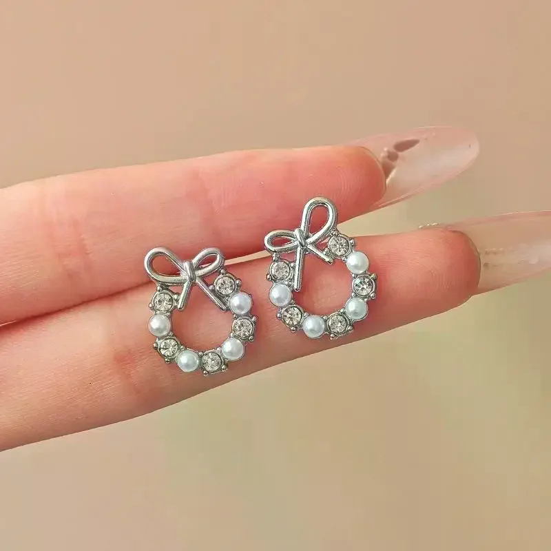 Gold Plated Bow Circle Stud Earrings With Faux Pearl Shiny Cubic Zirconia For Wedding Date Daily Wear