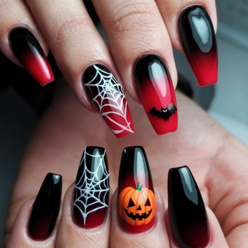 

Halloween Wear Nails Black and Red Gradient Spider Web Bat Pumpkin Head Pattern Decorative Fake Nails Nail Art Nail Art Pieces