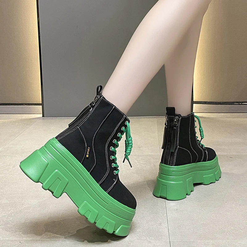 Rimocy Green Punk Chunky Platform Ankle Boots for Women Autumn Winter Thick Bottom Motorcycle Boots Wedges Gothic Shoes Woman