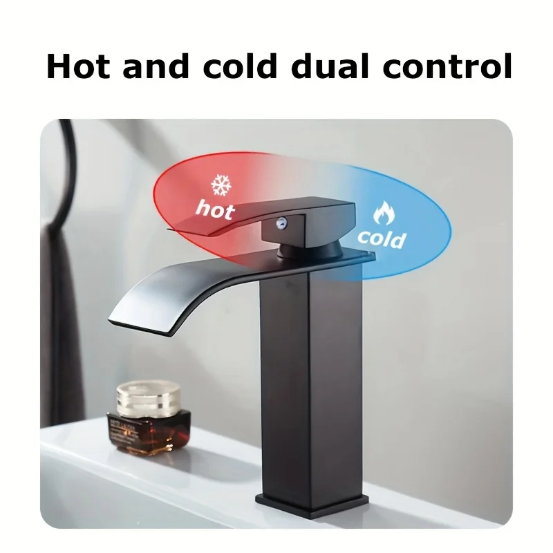 صنبور مغسلة ساخن وبارد، تصميم موفر للمياه مناسب لمعظم الحنفيات الغرق أنبوب شلال أسود للحمام المنزلي