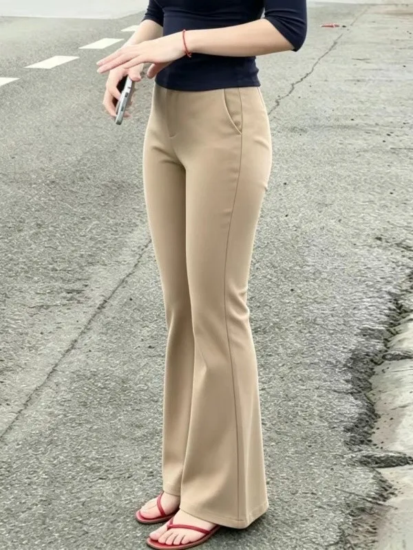 Khaki High Waist Slimming Micro Flared Pants Women's Suit Pants Drapey Style Old Money Trend Summer Casual Trousers