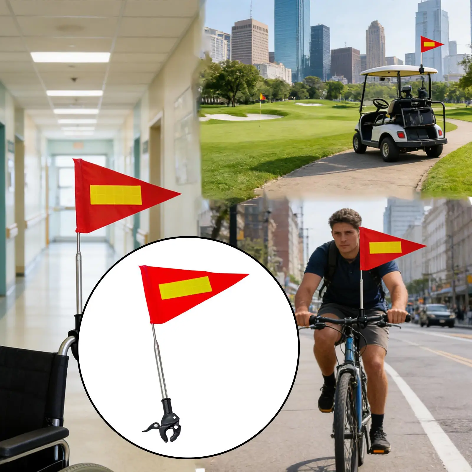 Universal Golf Cart Flag Pole Kit Reflective Triangle Flag Adjustable Stainless Steel Accessory for Bicycles and Scooters