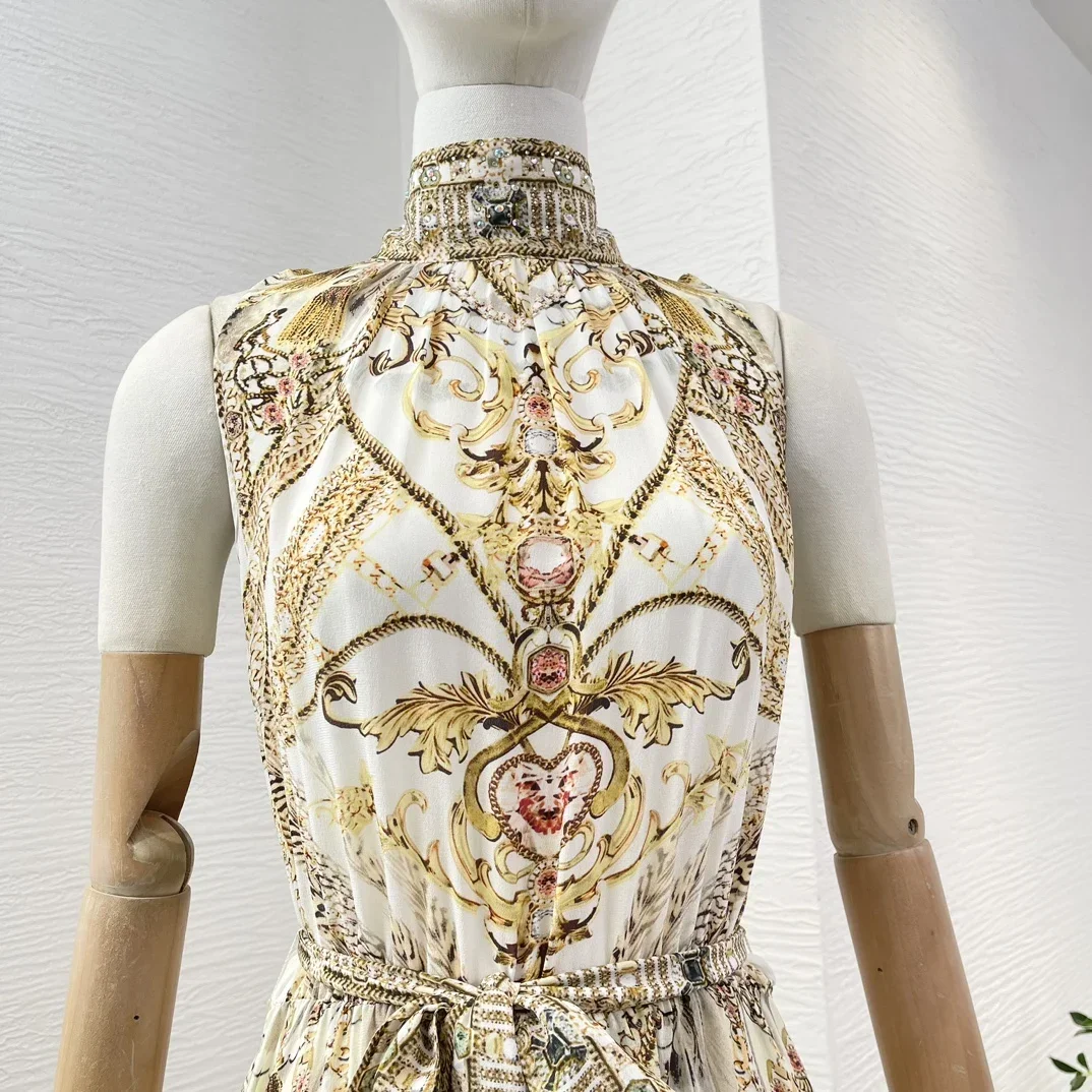 Robe mi-longue à col roulé imprimé or pour femme, diamants PMurcia, haute qualité, élégante, nouveau, été, 2024