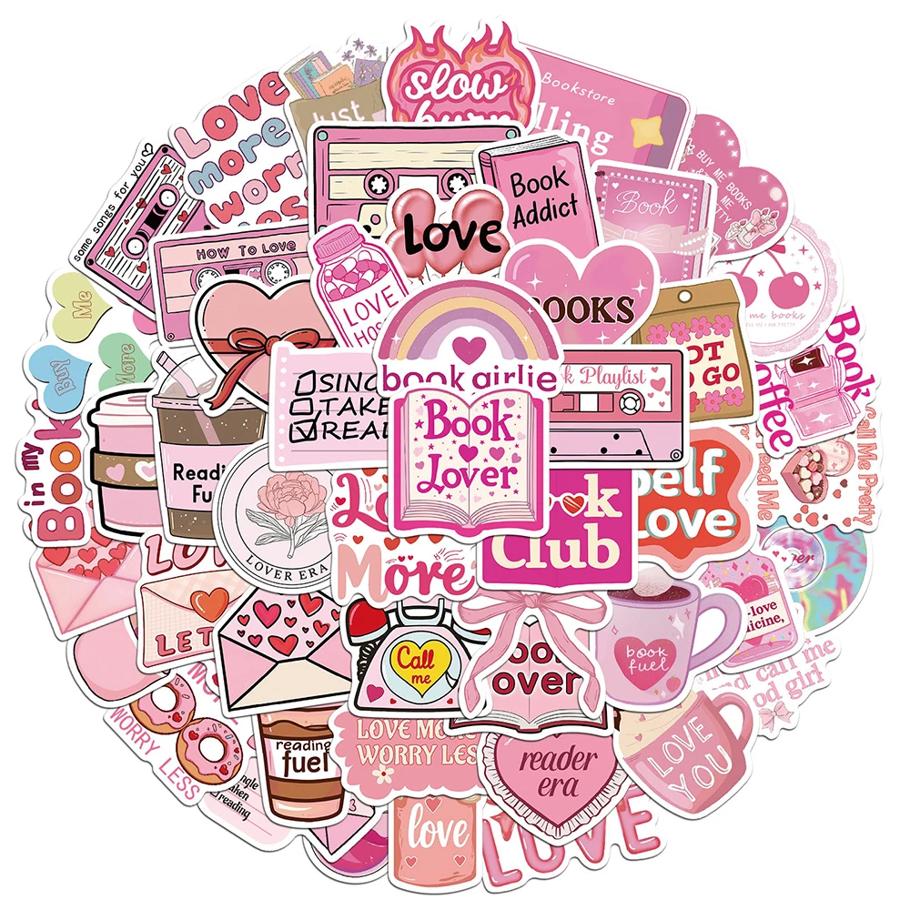 10/30/50 Stück Niedliche Buchliebhaber Rosa Ästhetische Aufkleber Literarische Cartoon-Sticker für Scrapbook Koffer Handy Graffiti-Dekoration