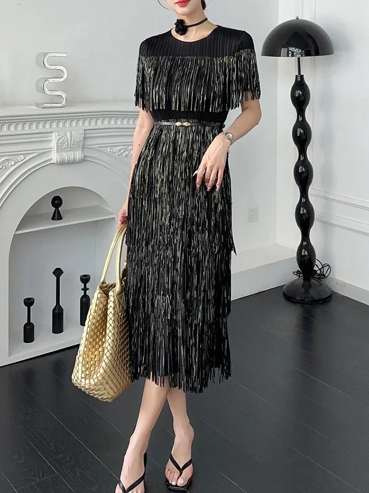 

ANLAN Tassel Patchwok Pleated Dress For Women 2025 New Short Sleeve Mid-calf Dresses Fashion Female Slim Fit Clothing 5AN8679