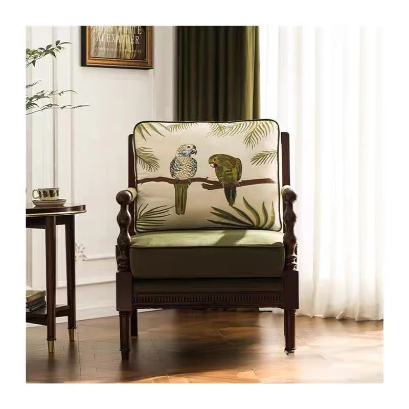 Parrot embroidery solid wood living room lounge chair home single sofa chair large villa