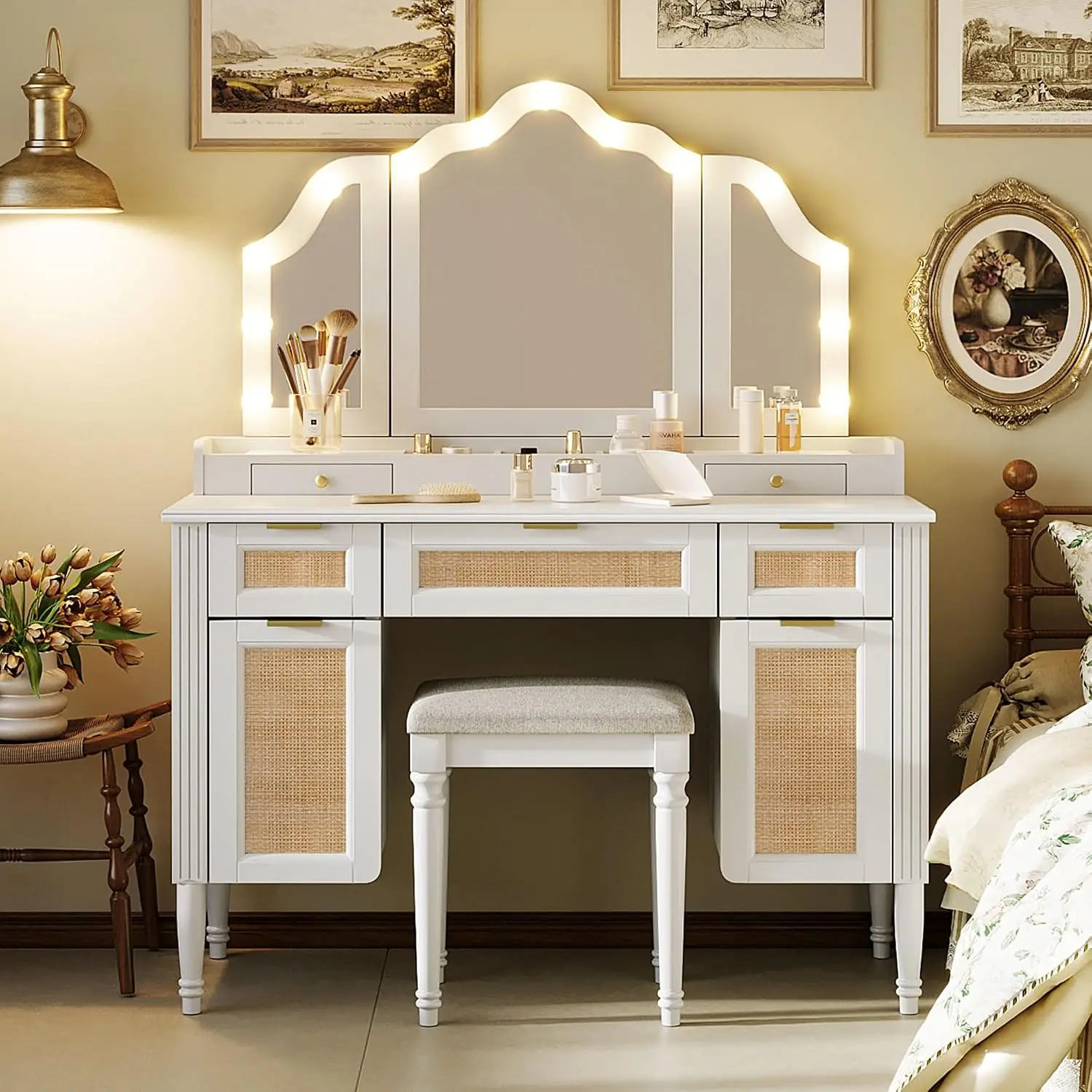 Vanity Desk with Tri-Fold Mirror & 13 Hollywood Bulbs, 3 Lighting Modes, for Bedroom, White, Customized