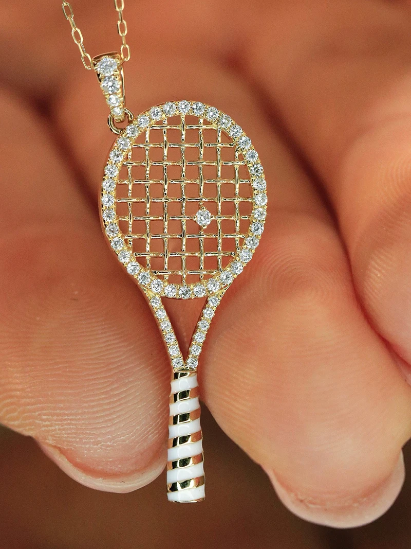 LUOWEND 100% 18K Yellow Gold Pendant Fashion Tennis Racket Shape Real Natural Diamond Necklace Pendant for Women Fine Jewelry