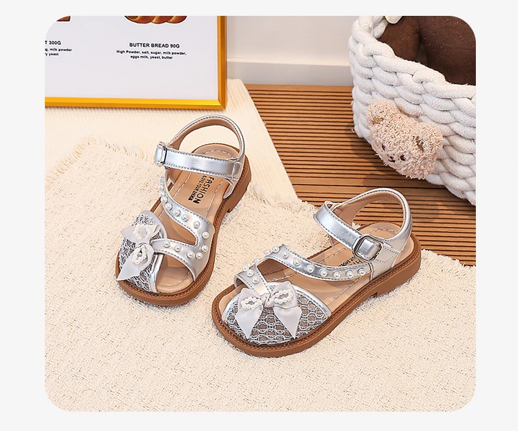 Kleinkind Mädchen Sandalen mit Perlenriemen und süßer Schleife 2026 Neue Sommer Kinder Mesh Strandschuhe Weiche Sohle Trendige Prinzessin Party Schuhe – Detail 2