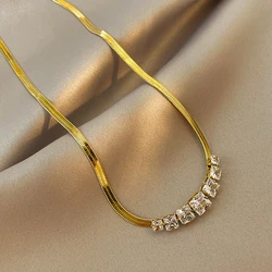 DIEYURO 316L Stainless Steel Green White Crystal Zircon Necklace For Women Luxury Design Ladies Snake Flat Chain Wedding Gift