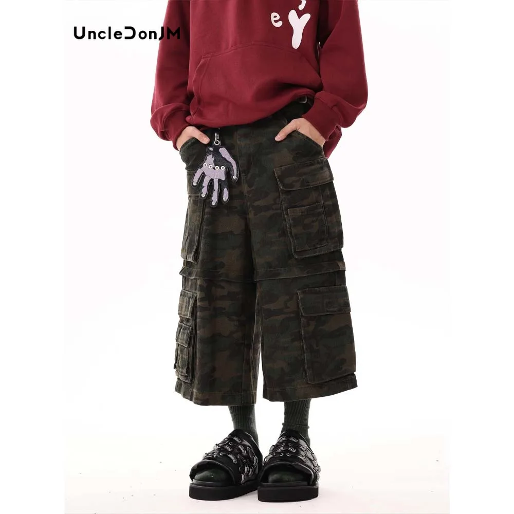 

Camouflage Cropped Pants for Men Women Loose Wide-leg Multi-pocket Straight Tooling Calf-length Pants