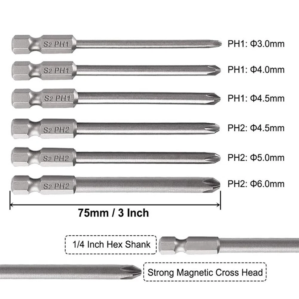 6Pcs Non-Slip Magnetic Batch Head Phillips/Cross Screwdriver Drill Bits  1/4'' Hex Shank 75mm Long Alloy Steel PH1 PH2