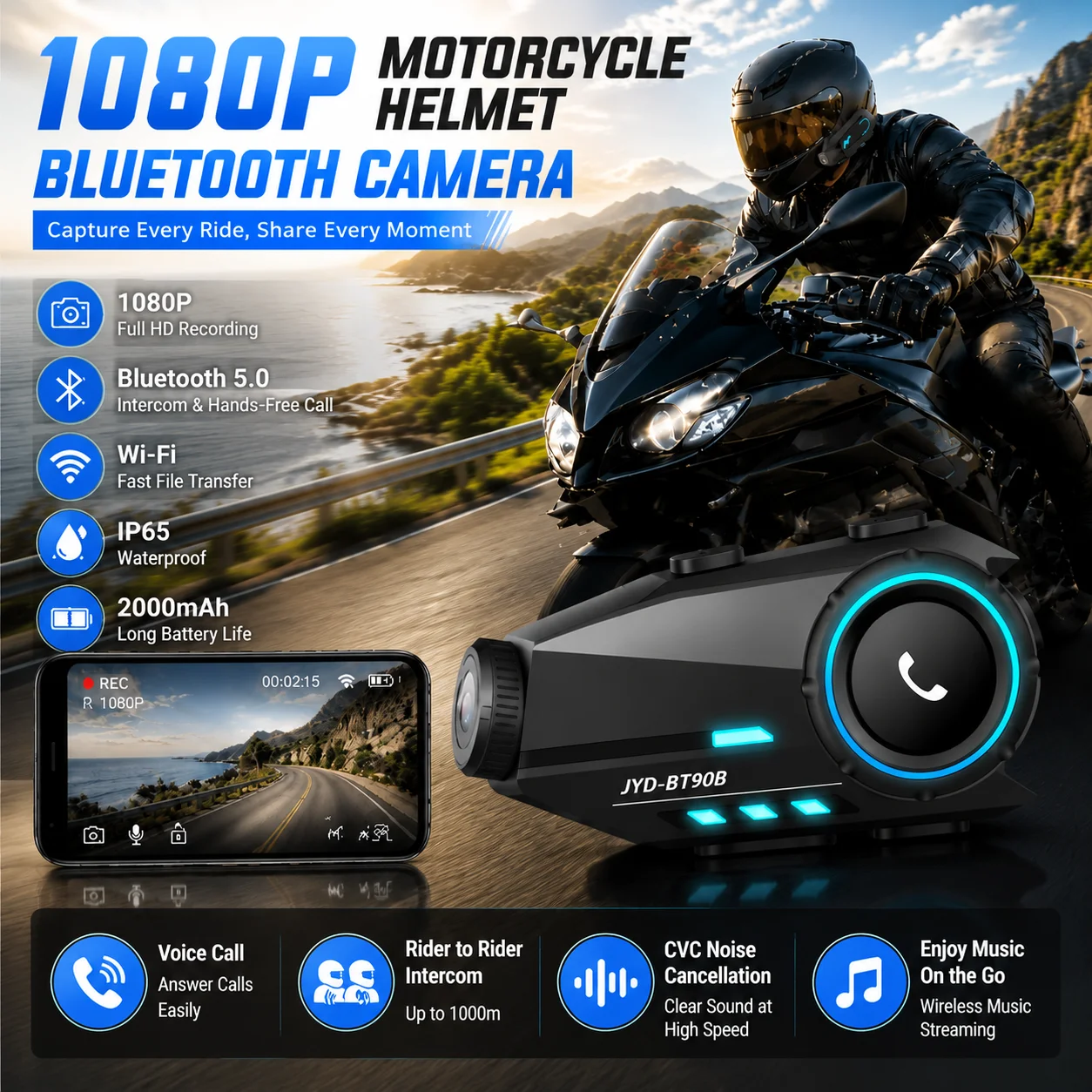 2K Motorcycle Dash Cam Outdoor Activity Camera Full Body IP65 Waterproof Wi-Fi 140° Wide Angle Night Vision for Vehicle