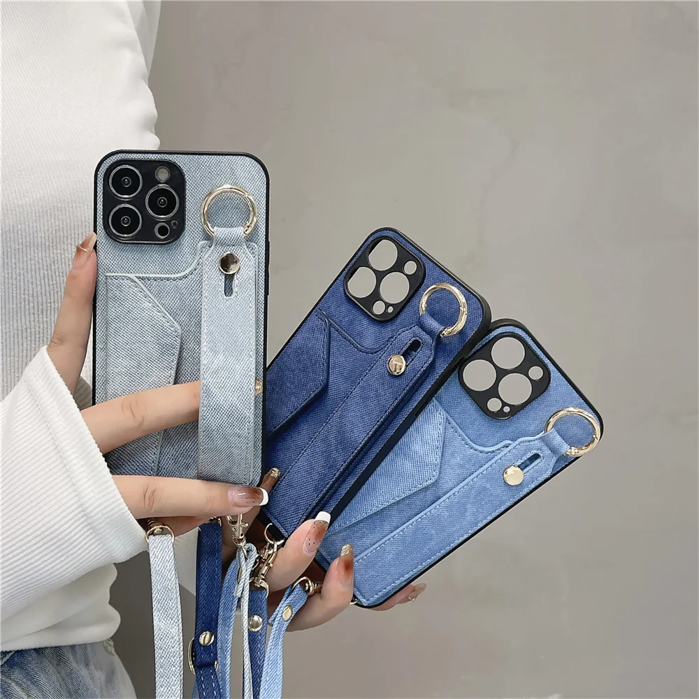 Fashion Card Pocket Wallet phone Case For Apple iPhone 15 pro 14 11 12 13 Pro Max cases denim Leather Anti-fall Wrist band Cover