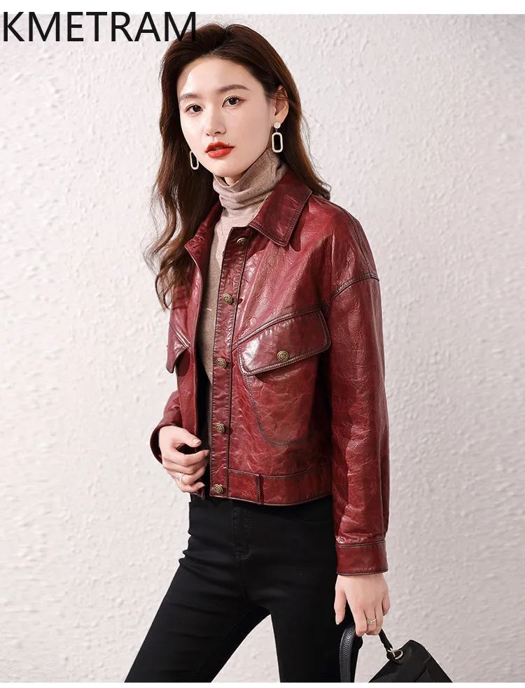 100% echte koeienhuid jas vrouw korte mode bordeaux lederen jassen nieuw in bovenkleding herfstkleding 2025 dames mbaб::ка