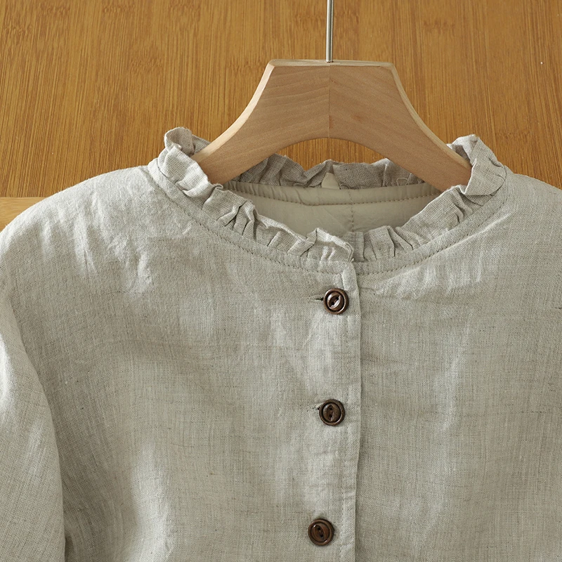 高品質イヤーマフ付き襟付き暖かいコットンジャケット、新作中華風レトロシンプル無地レディースオープンカーディガン