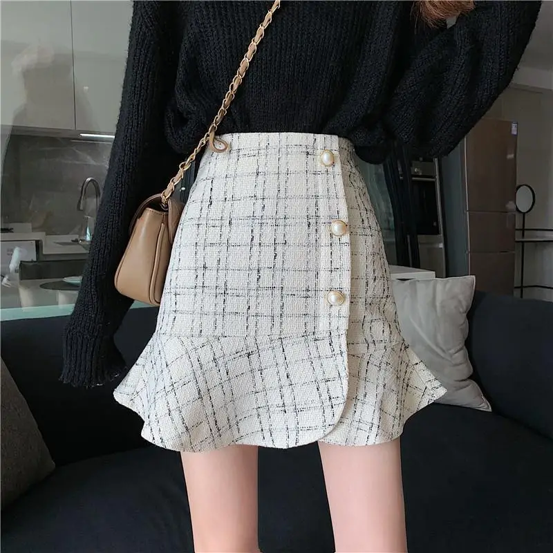 

Korean High Waist Ruffles Spliced Skirts Autumn Winter A-Line Printing Women's Clothing Fashion Button Basic Vintage Mini Skirts