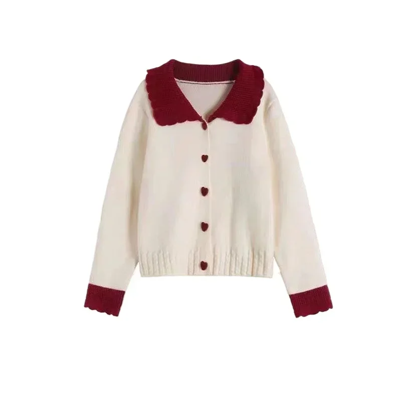 Spring and Autumn Solid New Female Student Doll Collar Cardigan Knitted Sweater