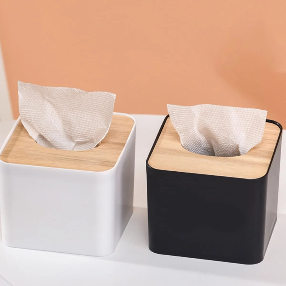 Plastic Tissue Box Wooden Lid Square Napkin Holder Container Wet Tissue Paper Dispenser Case Modern Home Car Tissue Organizer - view 2