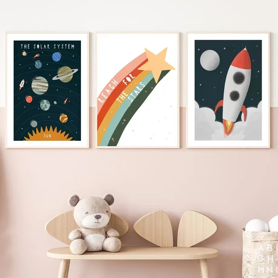 Cartoon Universe Rocket Rainbow Star Solar System Art Canvas Painting Nordic Posters And Prints Wall Pictures Kids Room