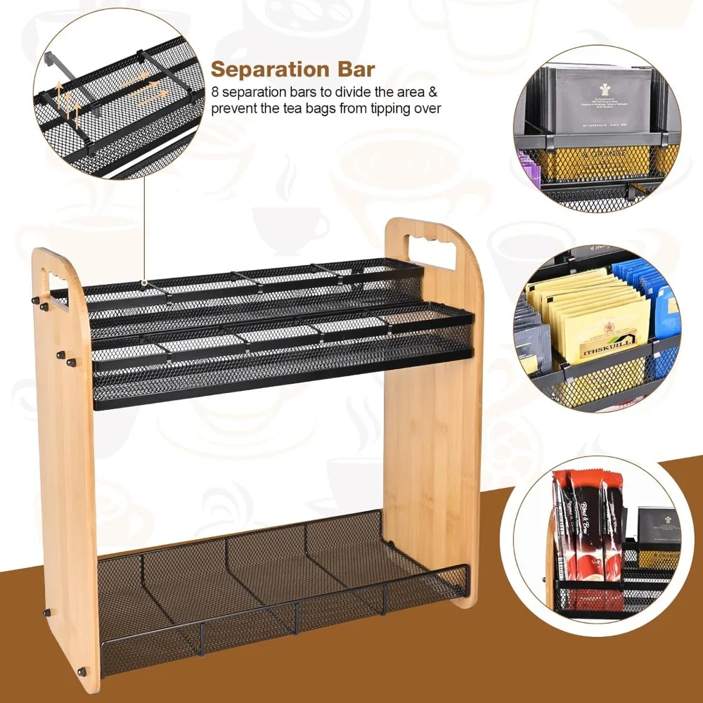 Large Capacity Bamboo Tea Bag Organizer with Adjustable Compartments, Wall Mount or Desktop Storage for Home Kitchen Office