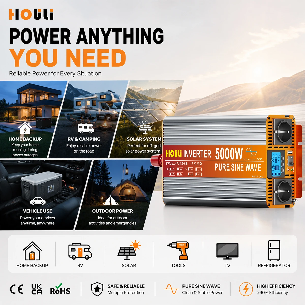 HOULI Pure Sine Wave Power Inverter 12V to 220V 3000W-7000W Peak DC to AC Converter with LCD Remote Control EU Plug
