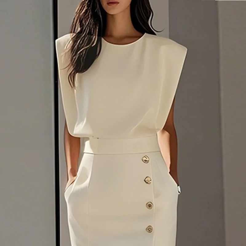 تي شيرت نسائي من Krisstarsgirls تي شيرت فضفاض حضري 2025 صيفي بلون سادة بدون أكمام ورقبة مستديرة ملابس علوية بسيطة للسيدات في المكتب #1