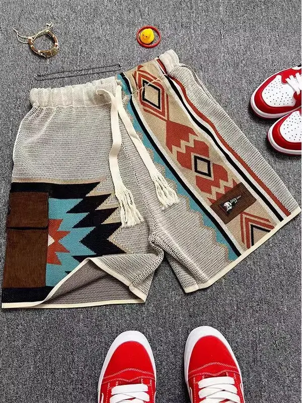 

Большие размеры 300 Pou Navajo, вязаная одежда, свободная пляжная одежда, мужские и женские цветные повседневные брюки, летние тонкие брюки «пять четвертей» Le...