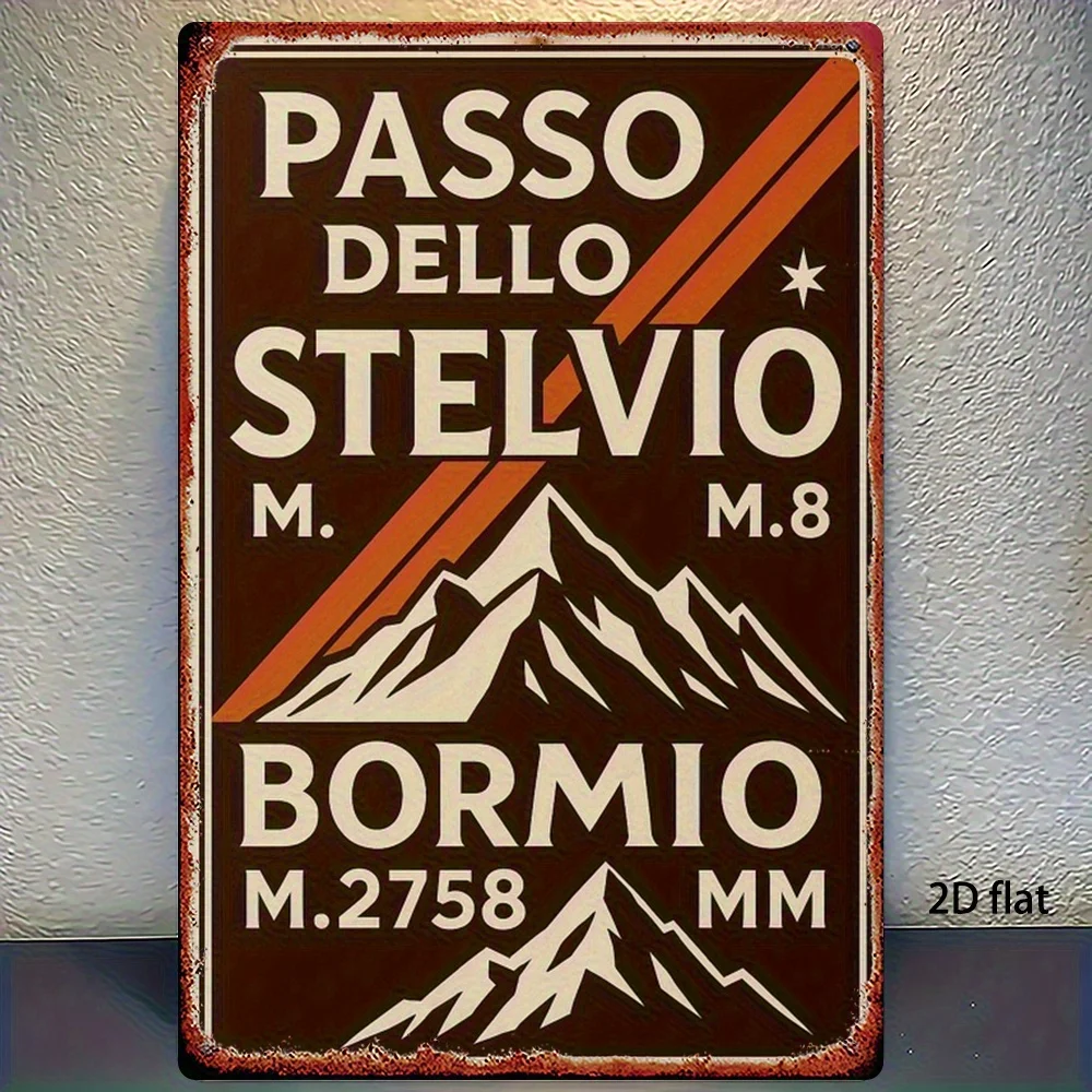 2D Flat, Vintage Italian Pass Metal Sign - Retro Stelvio Pass Mountain Decoration in Orange - Sturdy Wall Decoration for Indoor