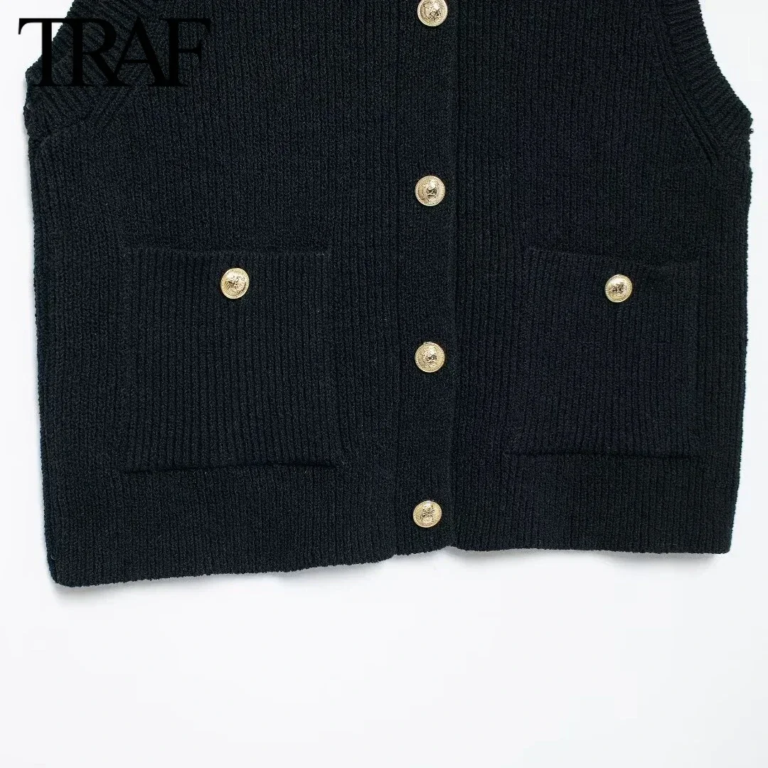 TRAF Women Fashion Spring New Solid Color Pocket Single Breasted Cardigan Round Neck Knitted Sweater Vest Sweet Chic Ladies Tops