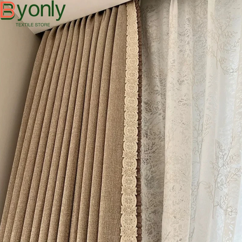 French Brown Chenille Jacquard Lace Thickened Curtains for Living Room Bedroom Partition Curtains Window Screens Tulle