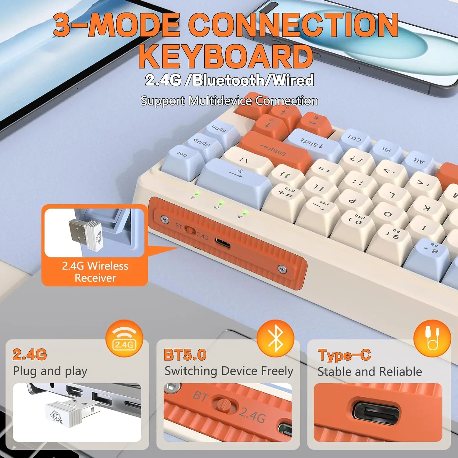 M68 65% teclado para jogos sem fio, teclado de membrana silenciosa tri-modo, teclas PBT, 2000mAh 67 teclas arco-íris LED retroiluminado para Win/Mac