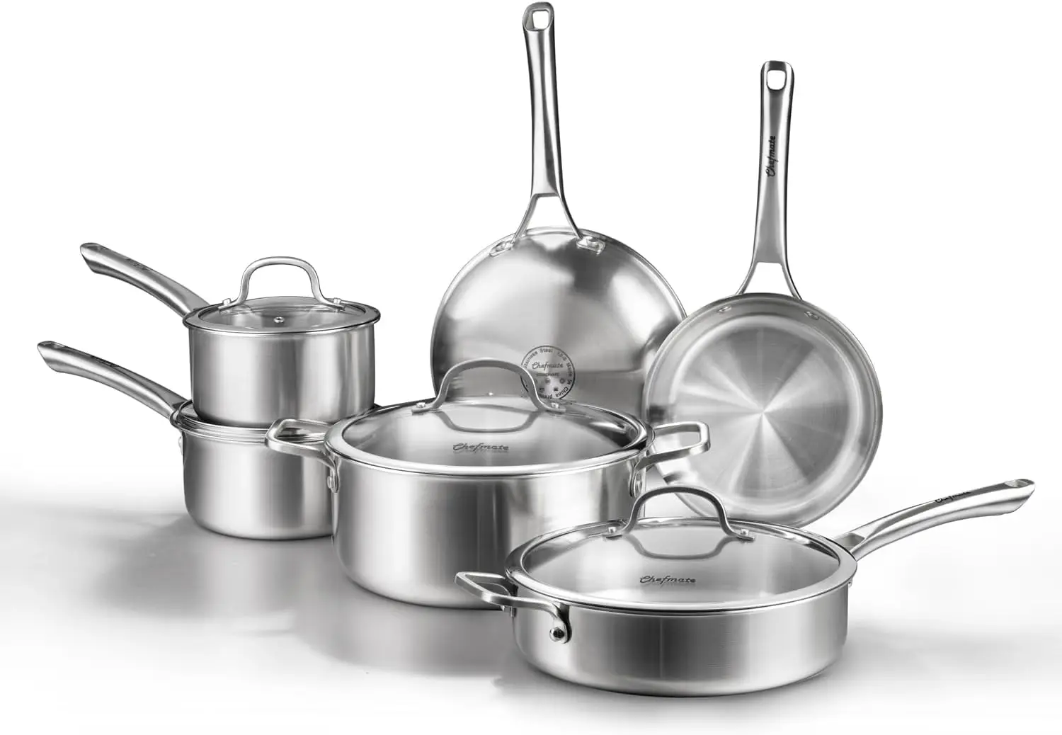 Stainless Steel Cookware Set,Tir-Ply Pots and Pans Set,10 Pcs Stainless Steel Induction Kitchen Cookware Sets,PFOA Free, Frying