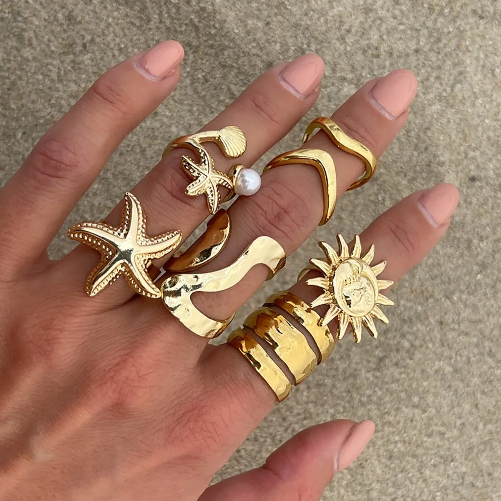 6pcs Set Exaggerated Personality Summer Starfish Shells Sun Flower Rings for Women Retro Irregular Charm Finger Jewelry Set Gift