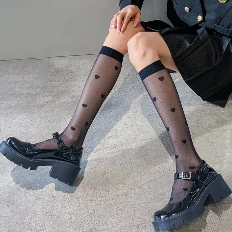 Koreanische Studenten Herz Spitze lange Socken sexy jk Frauen Uniform College dünne Strümpfe Liebe Druck durch schwarze Knies trümpfe sehen