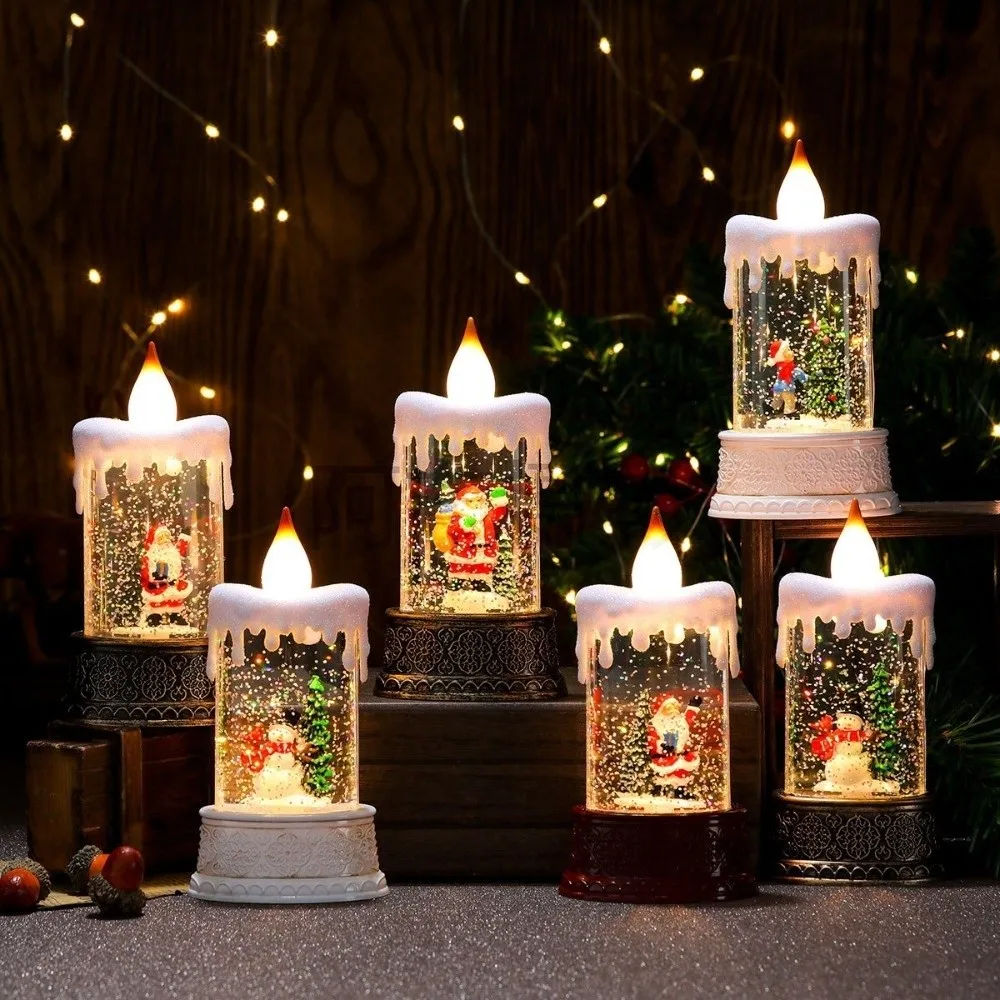 

Vintage Xmas Tree Christmas Wind Light Santa Claus Hexagonal Snow Globe Lamp Xmas Tree Shape Light Porch Decor