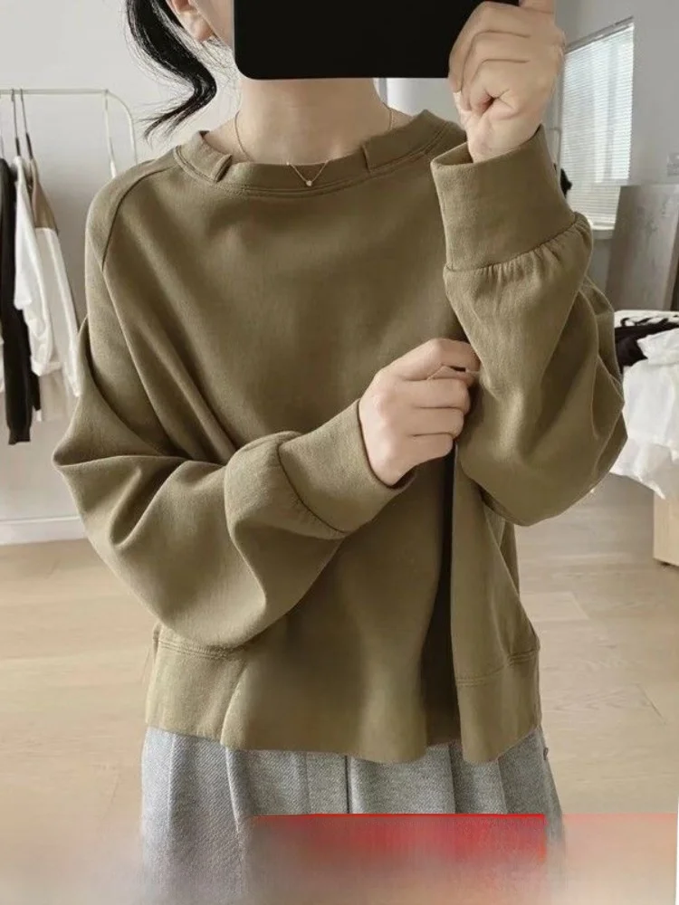 

Толстовка из чистого хлопка oulder Sve round Ne Color Весна Осень Женская удобная свободная длинная футболка све