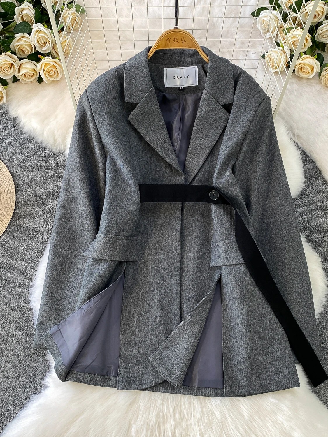 

Ele Waist-Cinching Suit Jaet Women's Autumn Winter Loose Midi Length Open Split Design Faionable Busin Casual Coat