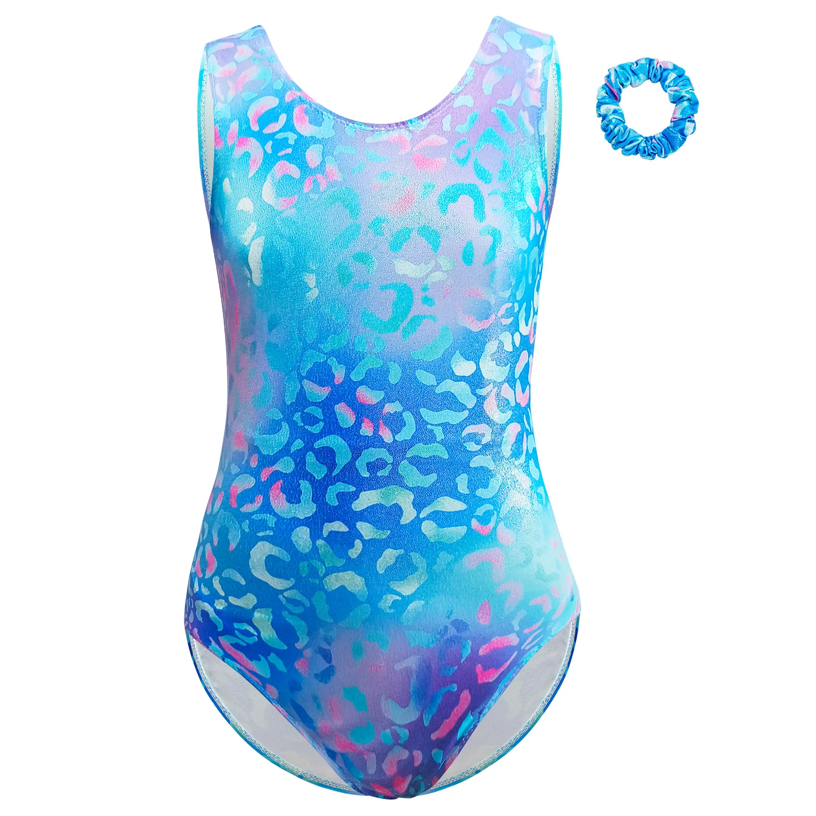 Kids Girls Gymnastics Leotard Figure Skating Bodysuit with Scrunchie Print Gymnastic Jumpsuit Ballet Jersey Leotards Costume