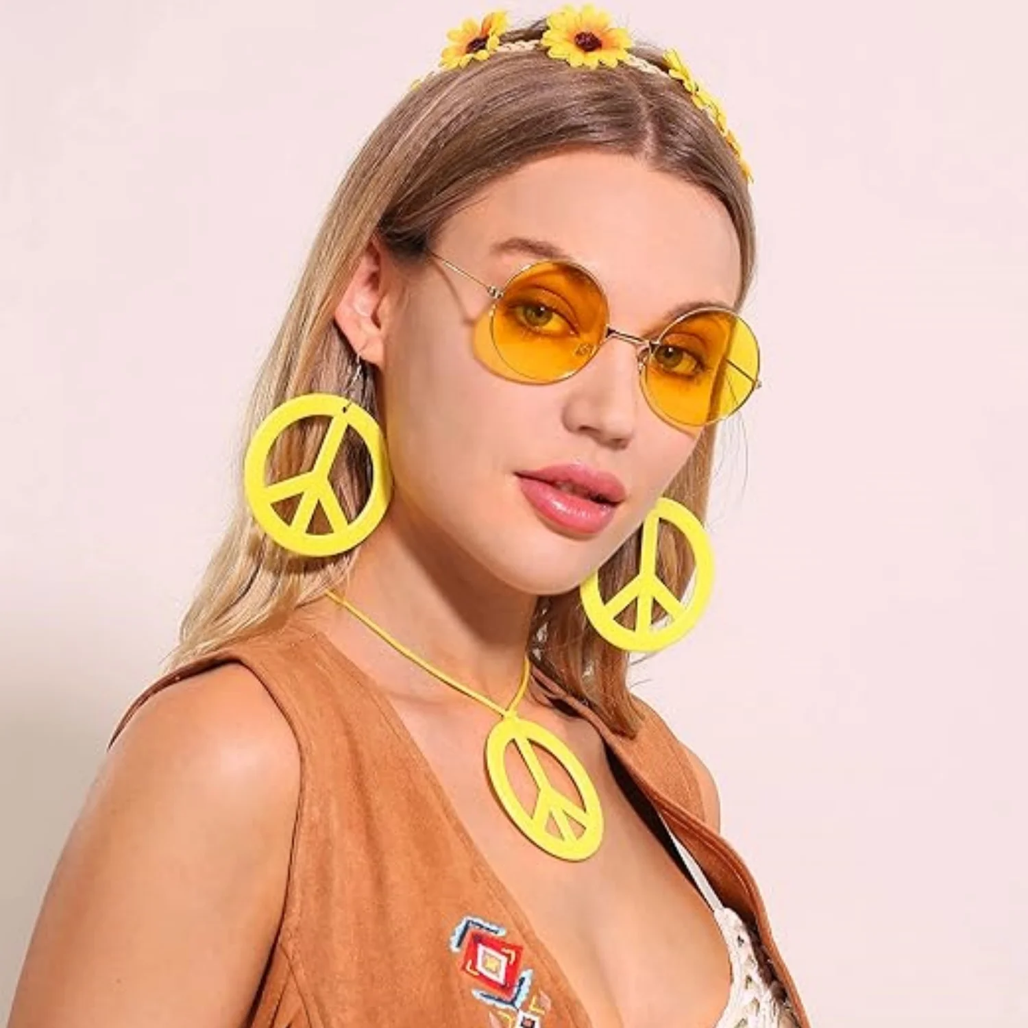 Laventy Hippie Costume Accessories Sunglasses Peace Sign Necklace Boho Retro Daisy Headband 60s 70s Hippie Accessorie