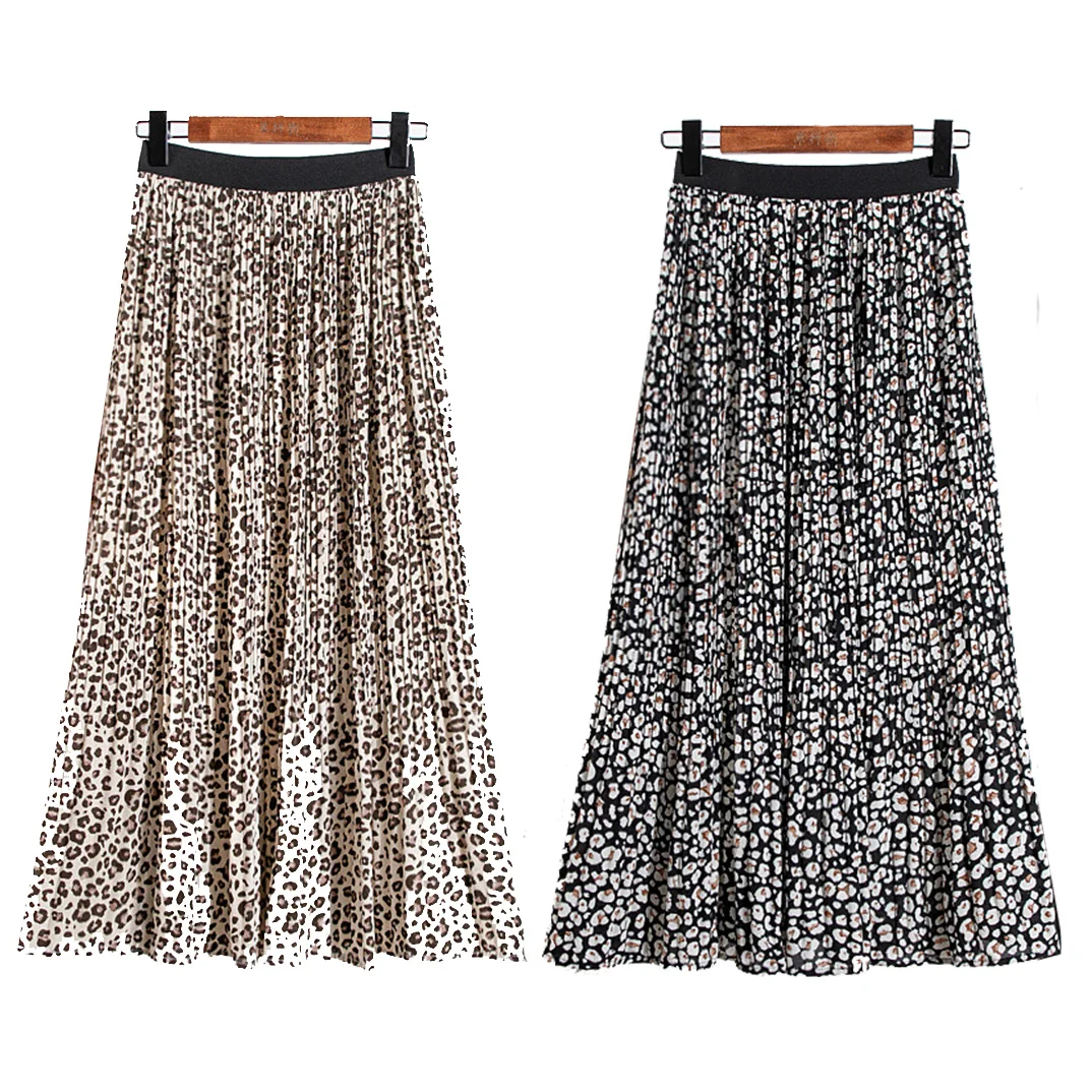 

Spring New Hong Kong Style Vintage Chiffon Leopard Print Mid Length Pleated Skirt High Waist Elastic Waist Skirt Women