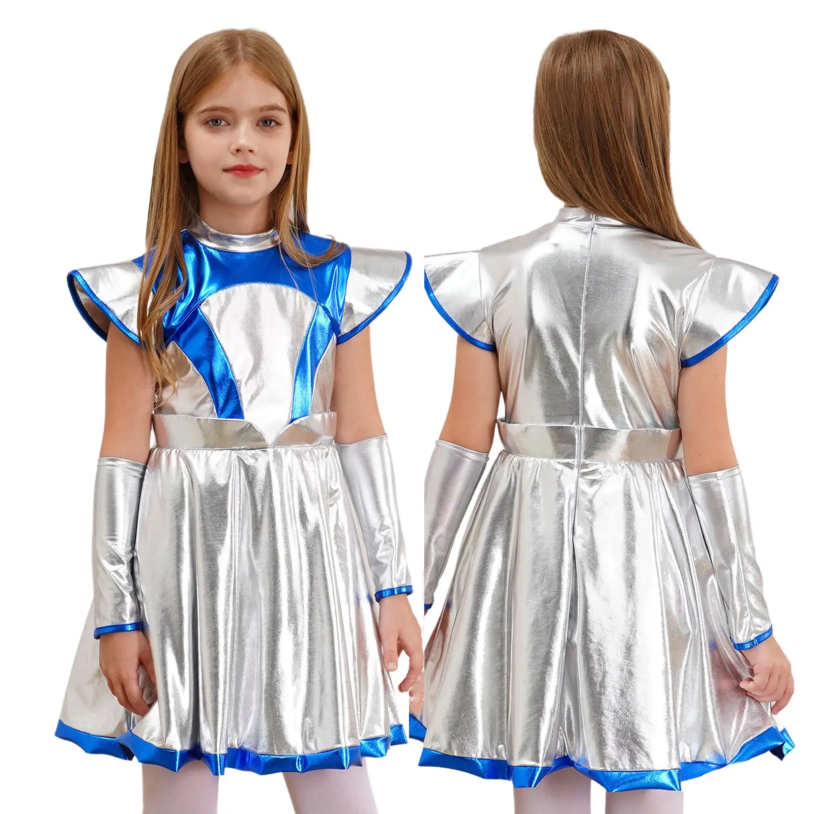 Kids Girls Halloween Alien Astronaut Cosplay Costume Robot Outer Cutie Cap Sleeve Metallic Dress Carnival Space Roly Play Dress