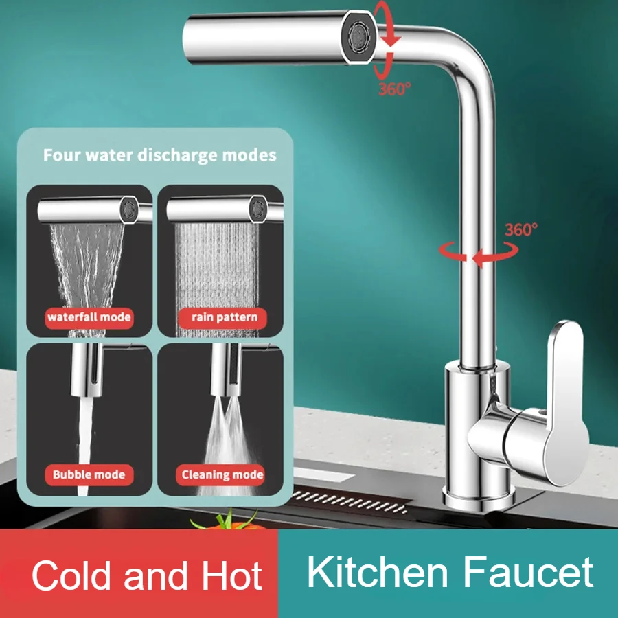 4 Modes Waterfall Kitchen Faucet Deck Mounted Sink Single Hole Cold and Hot Tap Universal 360°Rotating Stainless Steel Faucet