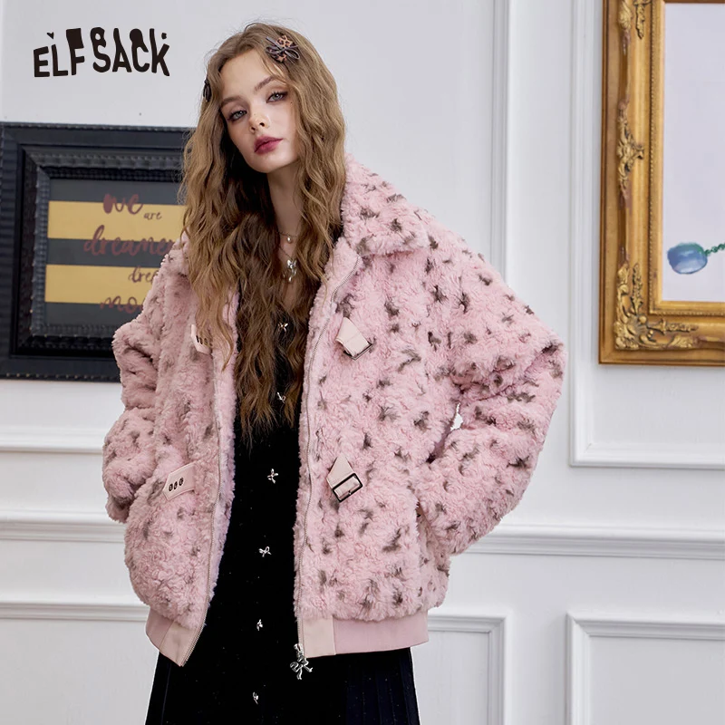 ELFSACK 2024 Winter New Arrivals Sweet cool pink leopard print thick coat for women