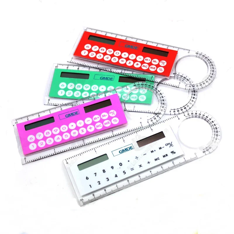 Novo kawaii 13cm x 4.4cm régua calculadora 6 cores mini solar transparente régua calculadora com lupa estudante material escolar