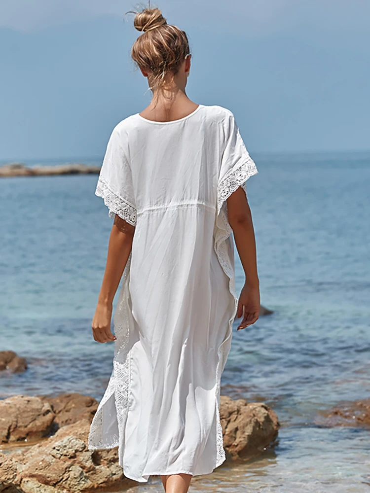 2024 Maxi Dress Tassel Kaftan Boho Beach Dress White Kimono Cover Up Ropa De Playa Beach Pareo Tunic Kaftan Swimsuit