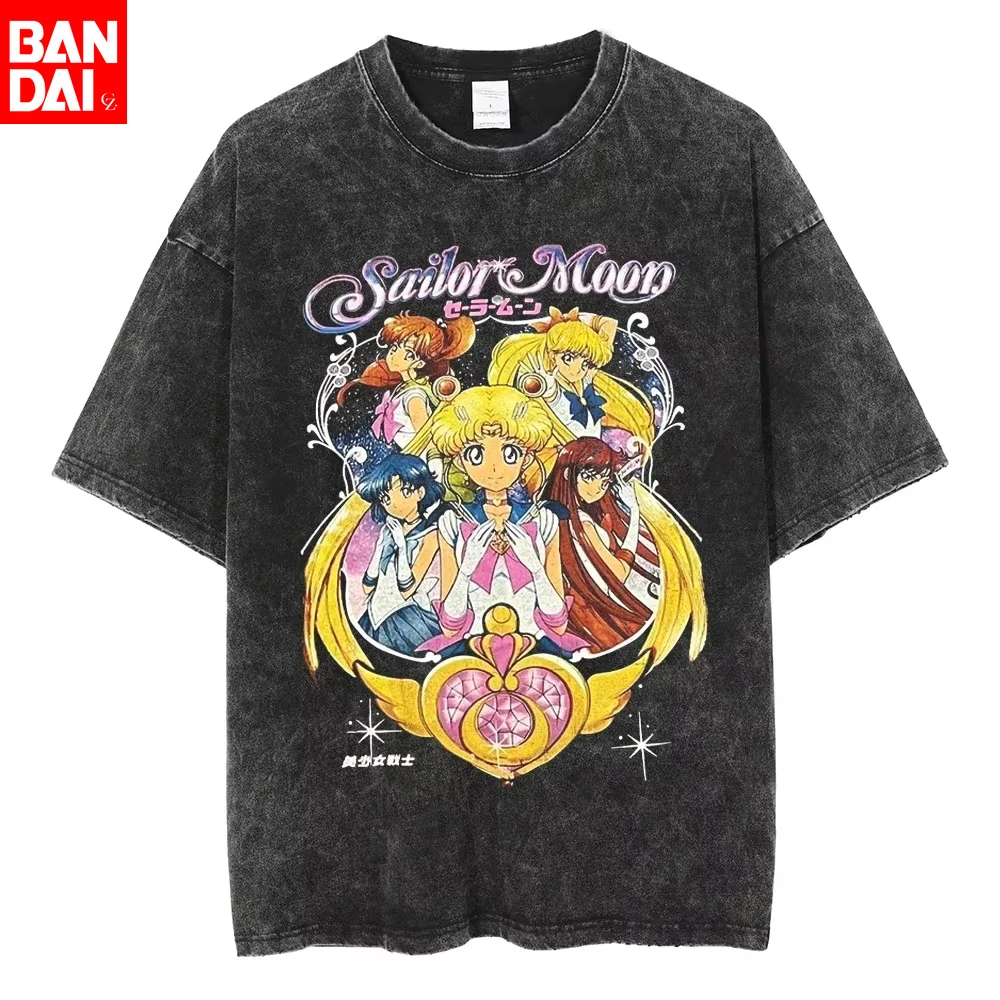 

Sailor Moon Anime Printed Washed T-shirt Summer New Cotton Men's and Women's Loose Casual Retro Trendy Short Sleeve Top